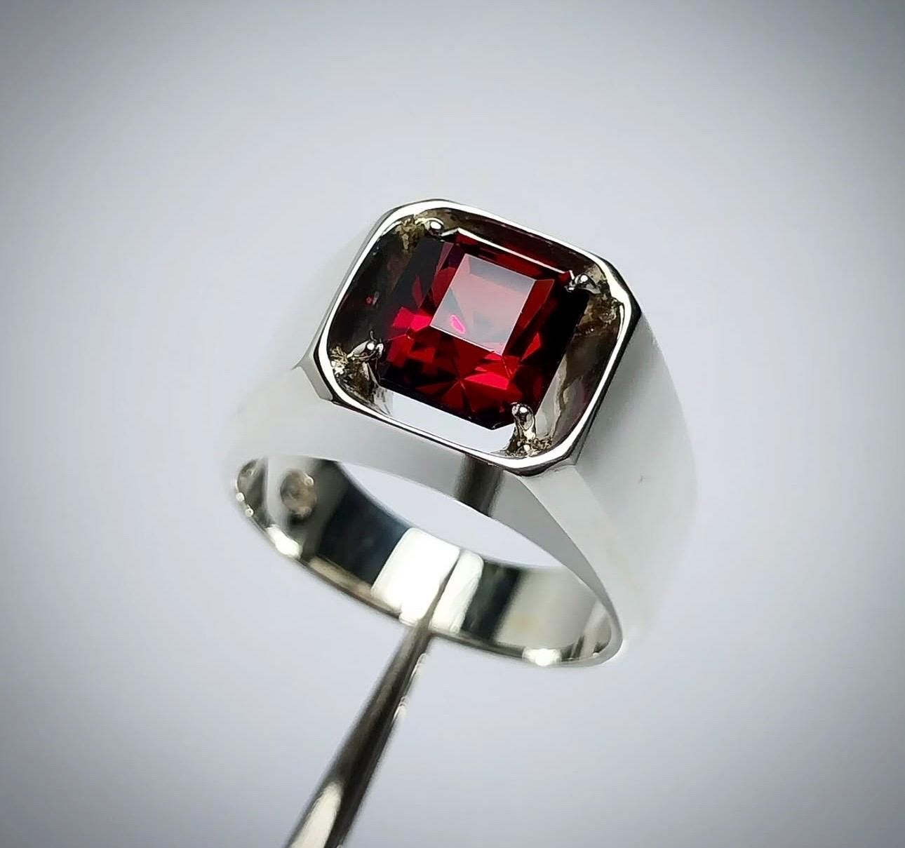 Handcrafted Deep Red Garnet Ring Sterling Silver 925 Garnet Ring For Men January Birthstone, Natural Garnet