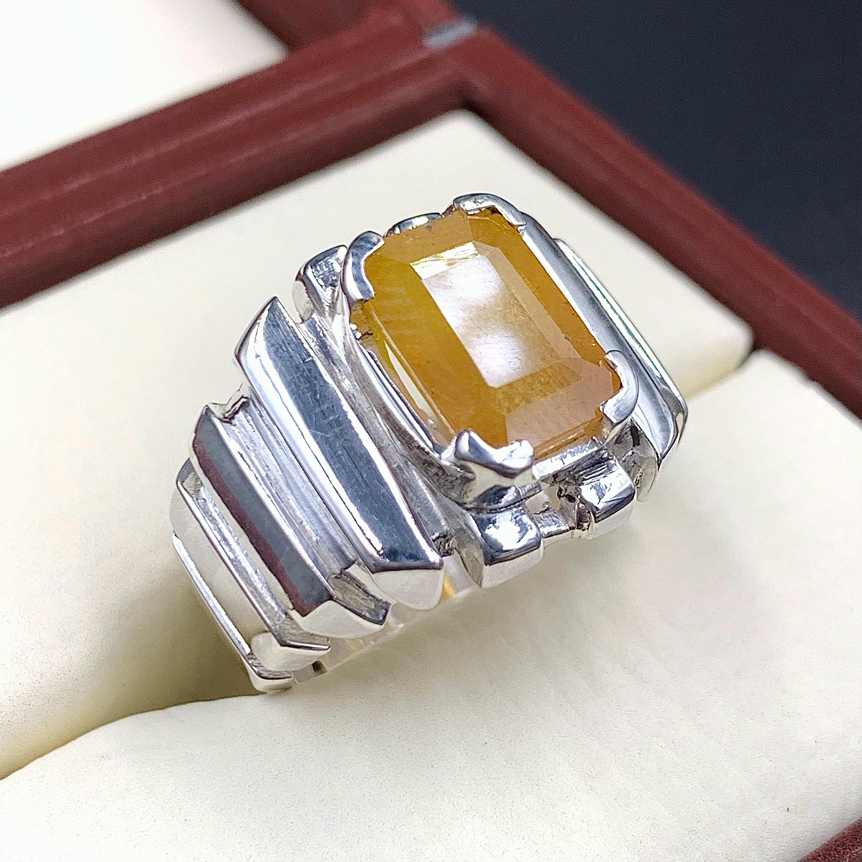 Handcrafted Emerald Cut Yellow Sapphire Ring, Mens Sapphire Ring, Natural Sapphire 925 Sterling Silver Ring, Pukhraj Ring