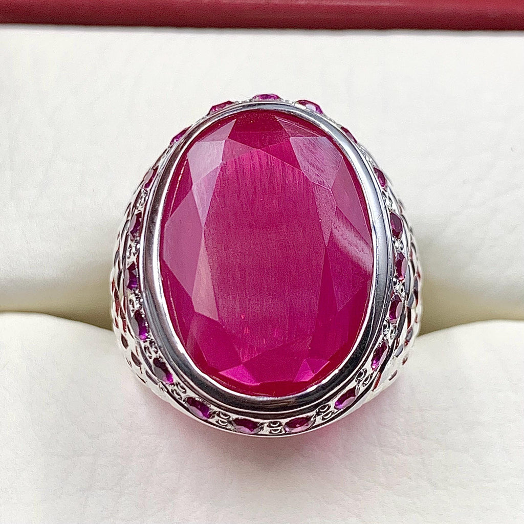 Handcrafted Big Deep Red Ruby Mens Ring Sterling Silver 925 Anari Yaqoot Ring Roby Gemstone Ring