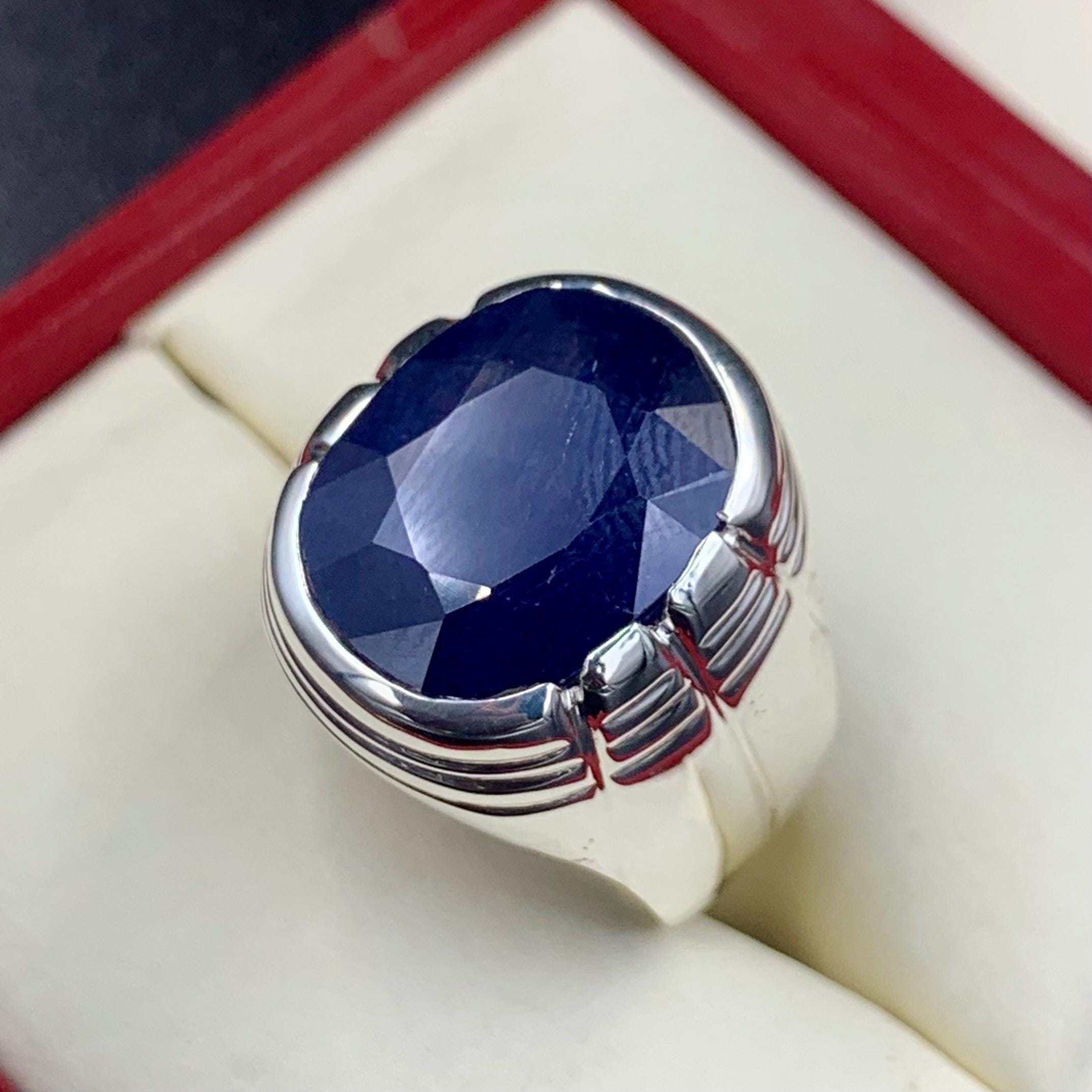 Handcrafted Big Blue Sapphire Ring, Mens Sapphire Ring, Natural Sapphire 925 Sterling Silver Ring, Neelam Ring