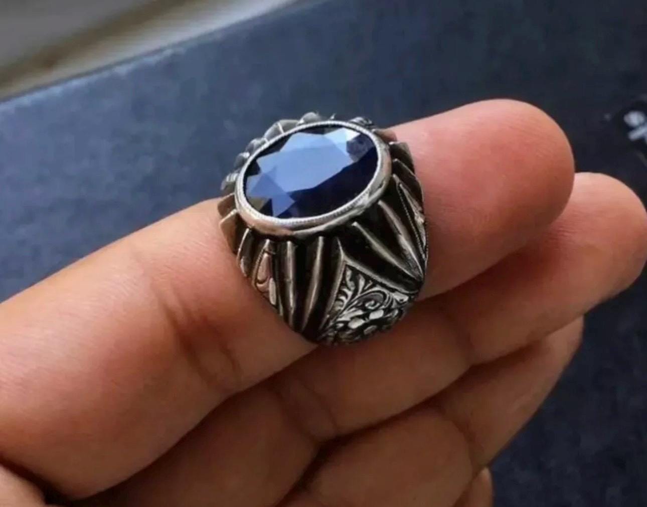 Handcrafted Mens Sapphire Ring, Blue Sapphire Ring, Natural Sapphire 925 Sterling Silver Ring, Neelam Ring