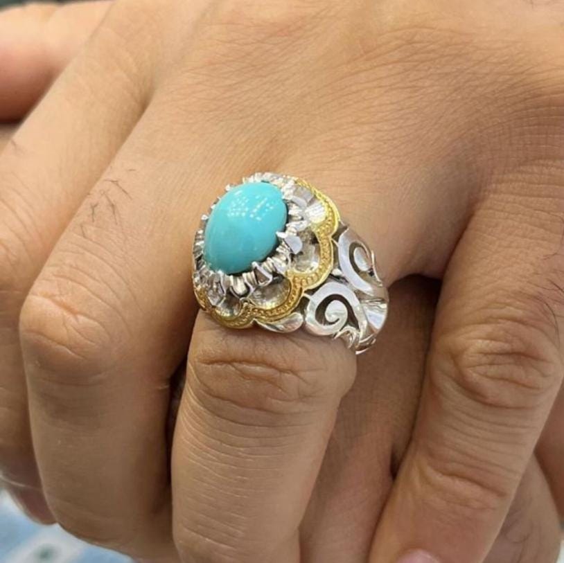 Handcrafted Men Turquoise Ring, 925 Sterling Silver For Men, Natural Feroza Ring, Shia Ring