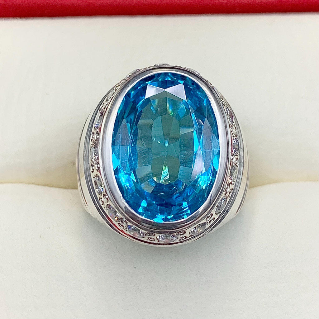 Handcrafted Blue Topaz Ring For Men, 925 Sterling Silver Topaz Stone Ring, Man Made Topaz Ring