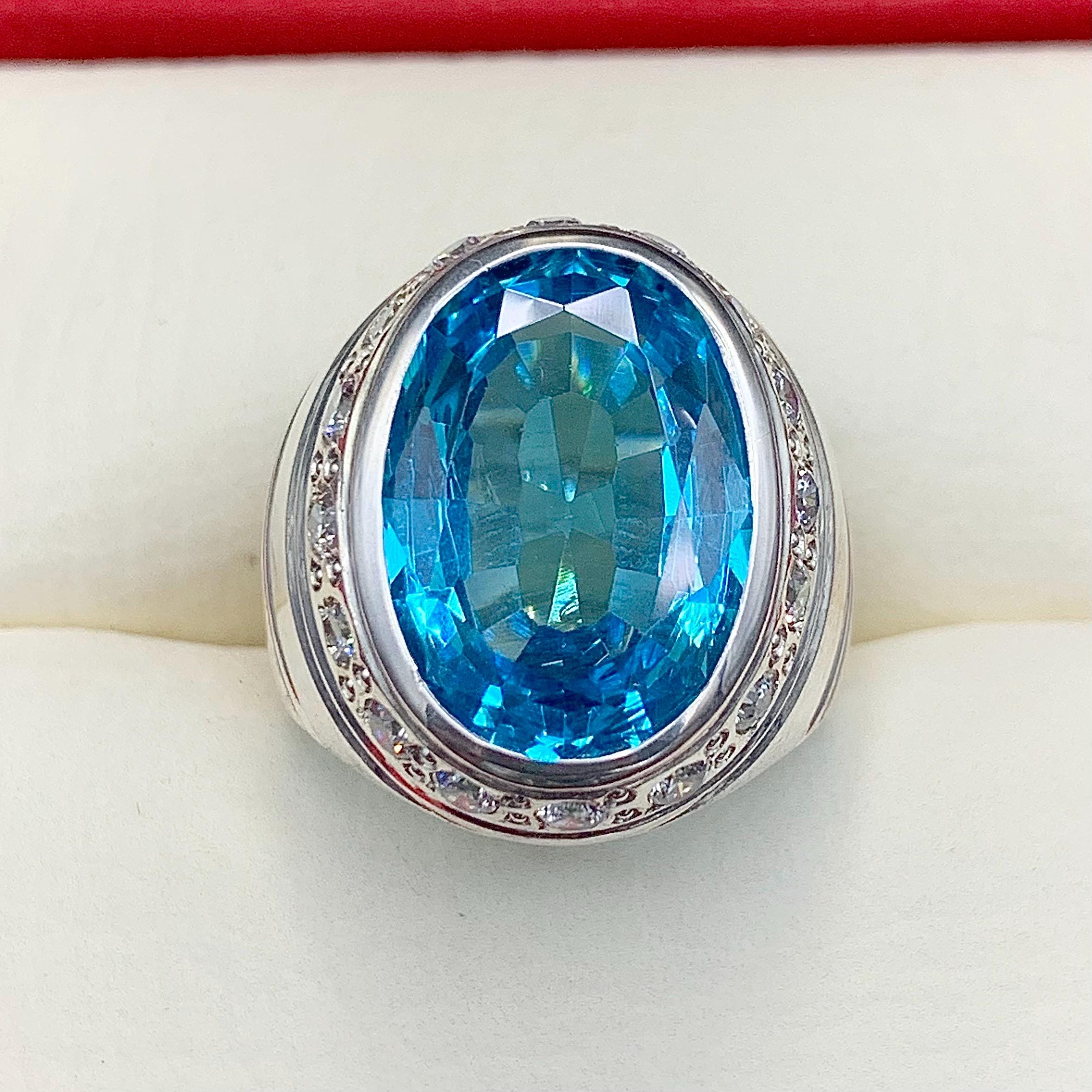 Handcrafted Blue Topaz Ring For Men, 925 Sterling Silver Topaz Stone Ring, Man Made Topaz Ring