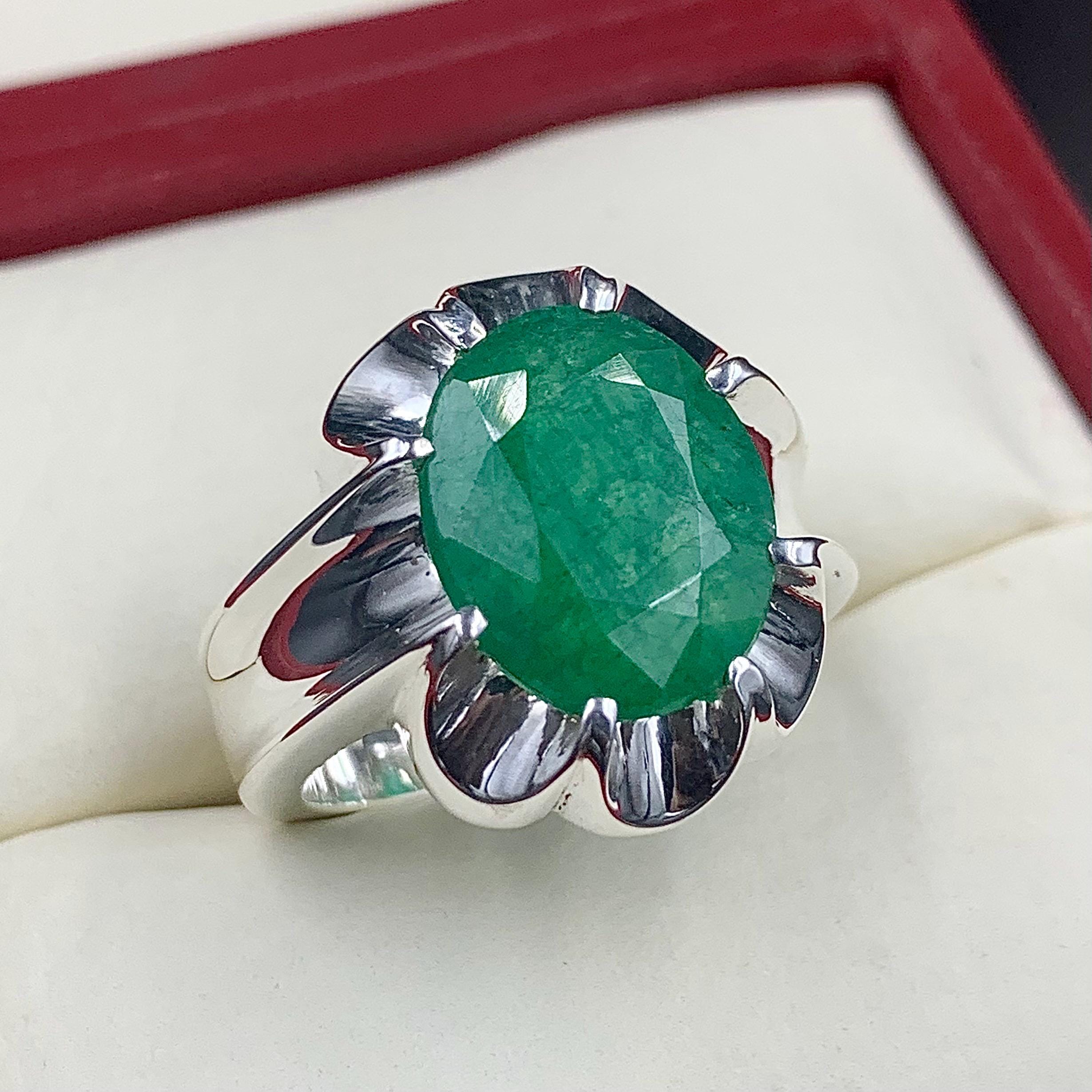 Handcrafted 12 Carats Mens Emerald Ring, Natural Beryl 925 Sterling Silver Ring, Zamurd Ring For Men