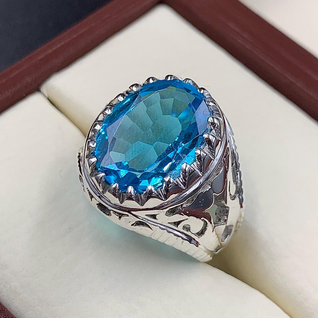Handcrafted Blue Topaz Ring For Men, 925 Sterling Silver Topaz Stone Ring, Man Made Topaz Ring