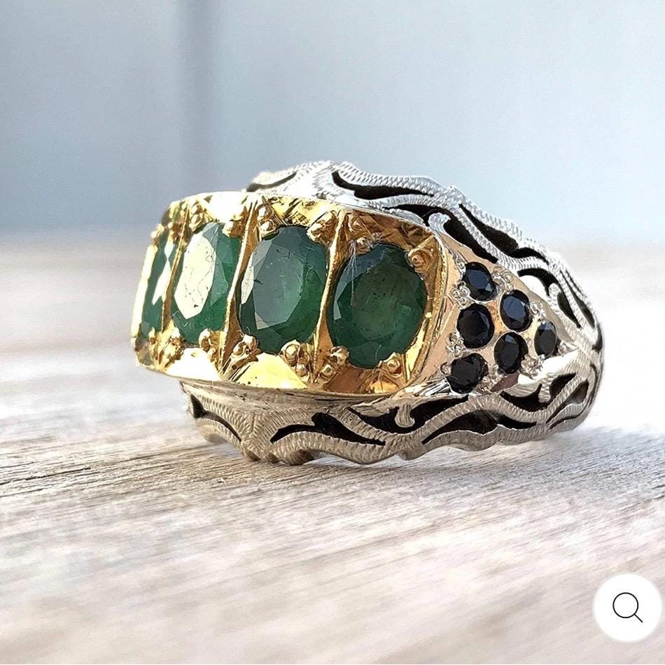 Handcrafted 4 Carats Mens Emerald Ring, Natural Emerald 925 Sterling Silver Ring, Zamurd Ring For Men