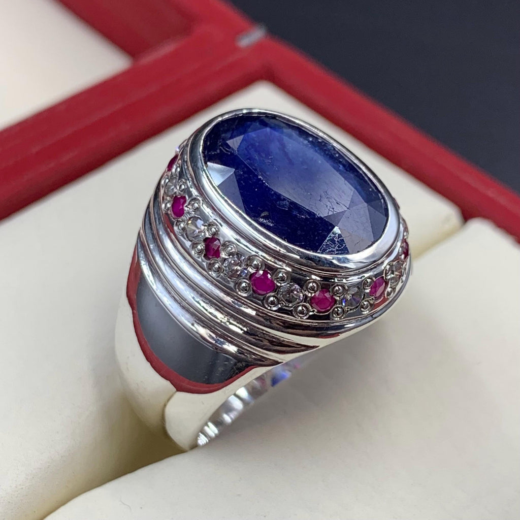 Handcrafted Big Blue Sapphire Ring, Mens Sapphire Ring, Natural Sapphire 925 Sterling Silver Ring, Neelam Ring