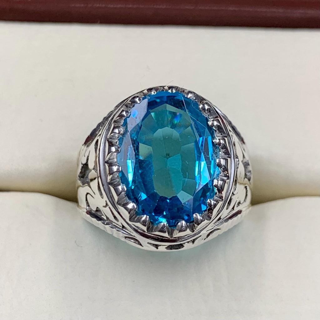 Handcrafted Blue Topaz Ring For Men, 925 Sterling Silver Topaz Stone Ring, Man Made Topaz Ring