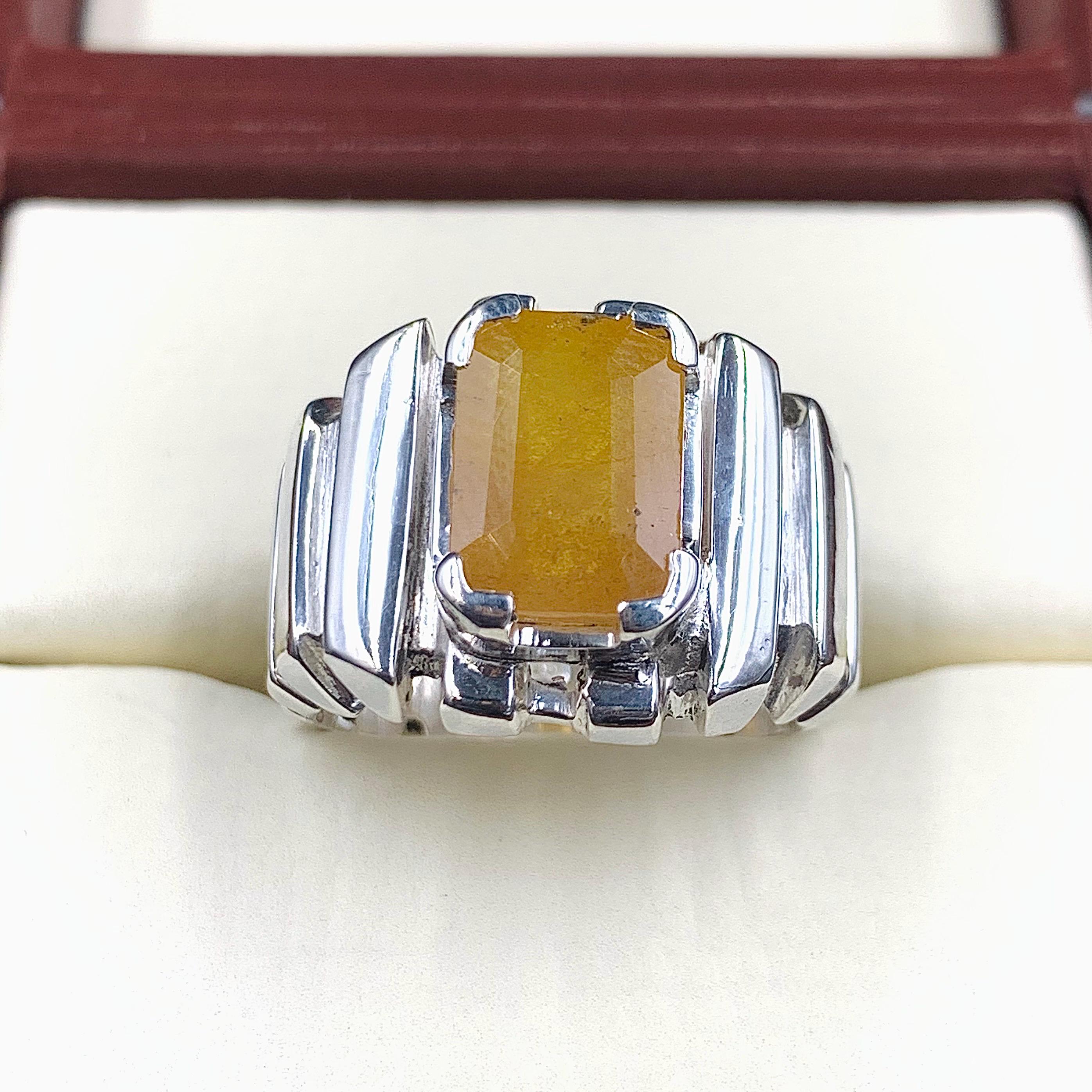 Handcrafted Emerald Cut Yellow Sapphire Ring, Mens Sapphire Ring, Natural Sapphire 925 Sterling Silver Ring, Pukhraj Ring