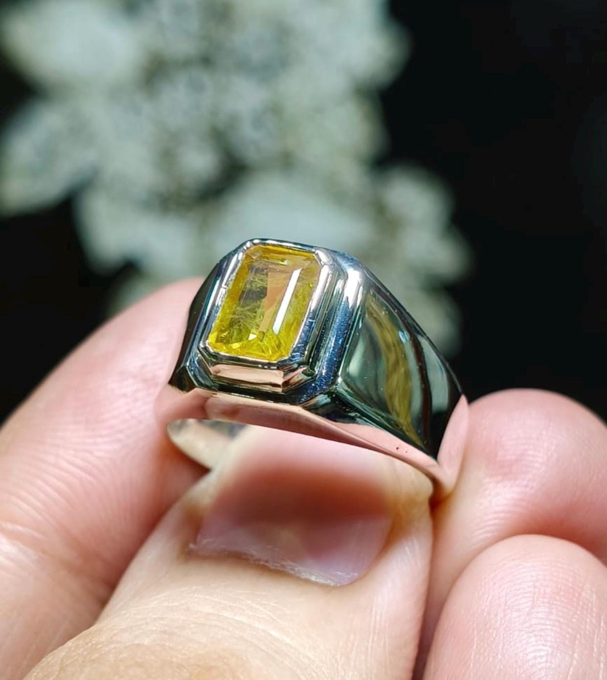 Handcrafted Emerald Cut Yellow Sapphire Ring, Mens Sapphire Ring, Natural Sapphire 925 Sterling Silver Ring, Pukhraj Ring