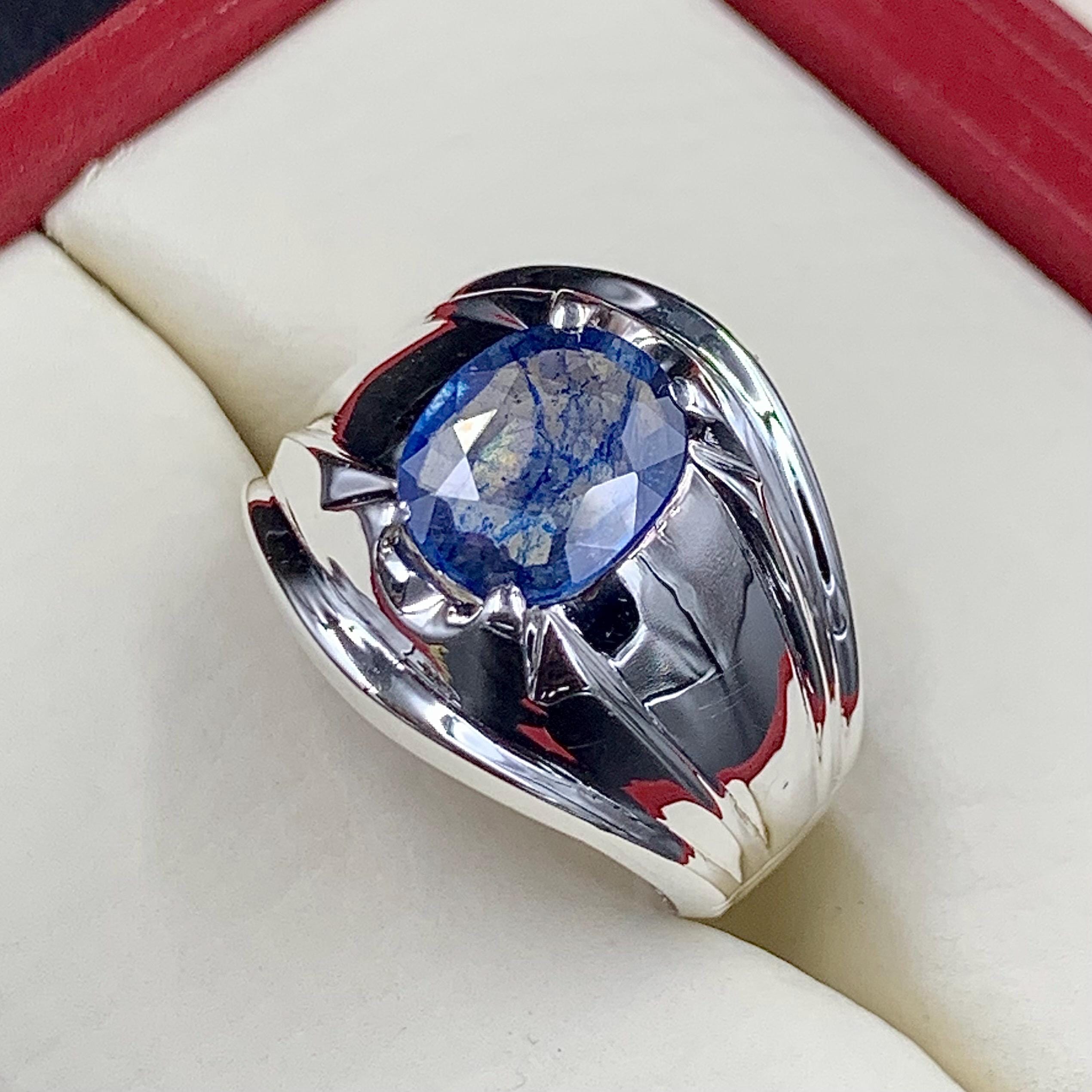 Handcrafted Mens Sapphire Ring, Blue Sapphire Ring, Natural Sapphire 925 Sterling Silver Ring, Neelam Ring