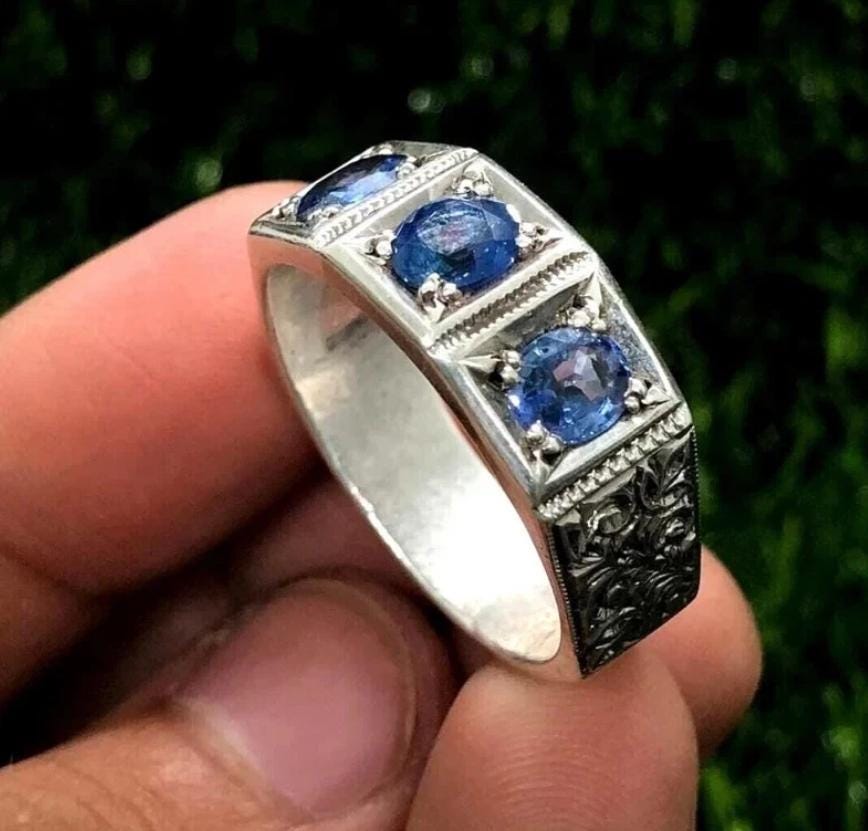 Handcrafted Blue Sapphire Ring, Mens Sapphire Ring, Sapphire 925 Sterling Silver Ring, Neelam Ring