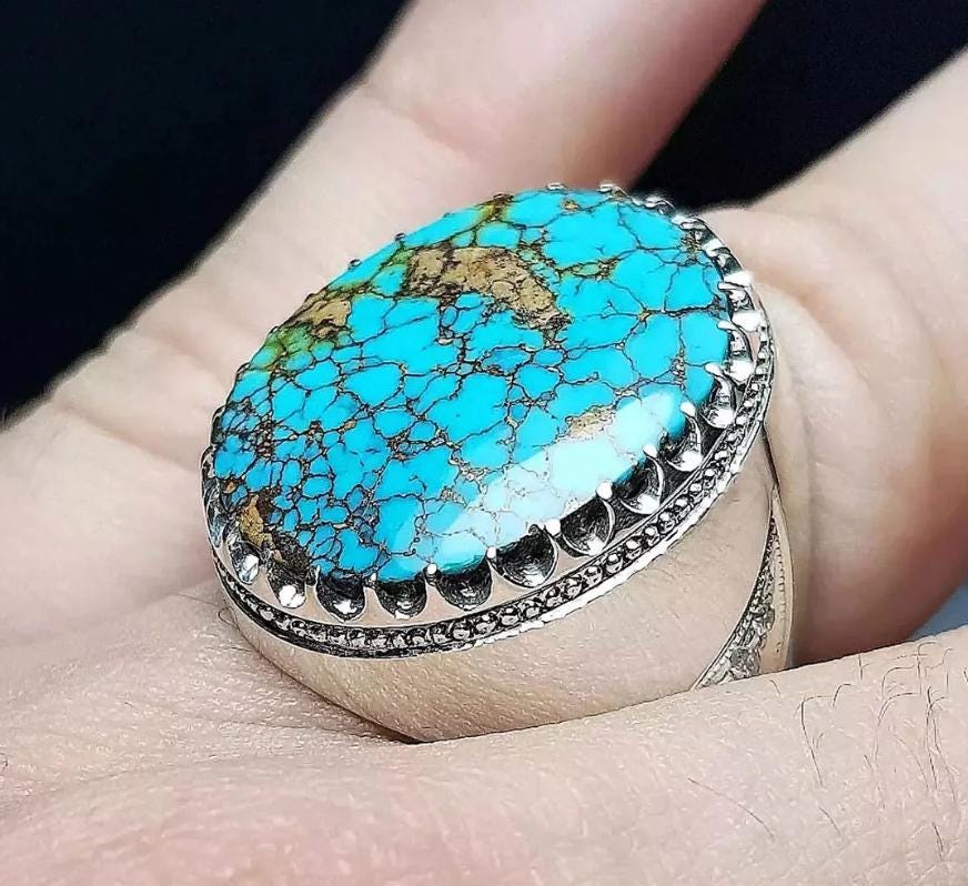 Handcrafted Big Turquoise Ring, 925 Sterling Silver For Men, Natural Shajri Feroza Ring, Shia Ring
