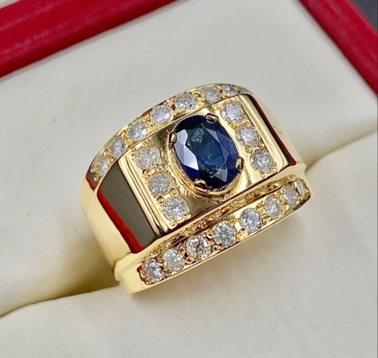 Handcrafted 14k Gold Sapphire Ring, Natural Diamond Engagement Ring, Blue Sapphire Solid Gold Ring, Neelam Ring