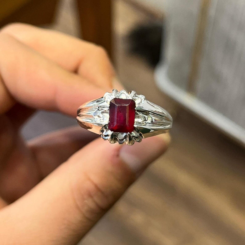 Handcrafted Emerald Cut Ruby Ring, Natural Ruby Sterling Silver 925 Yaqoot Ring Roby Gemstone Ring
