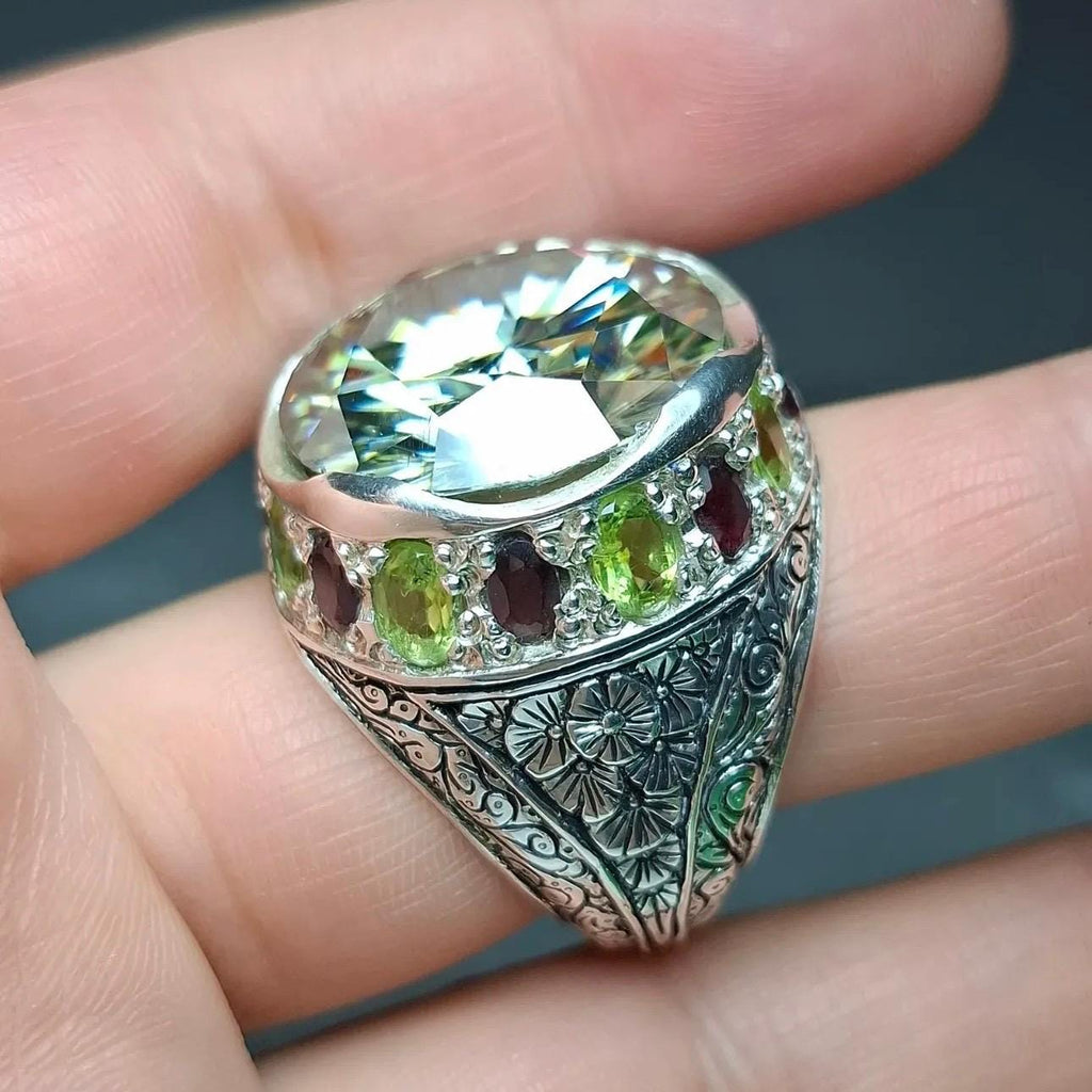 10 Carat Certified Moissanite Diamond Sterling Silver 925 Ring, Man Made Diamond Engagement Ring, Natural Peridot & Ruby