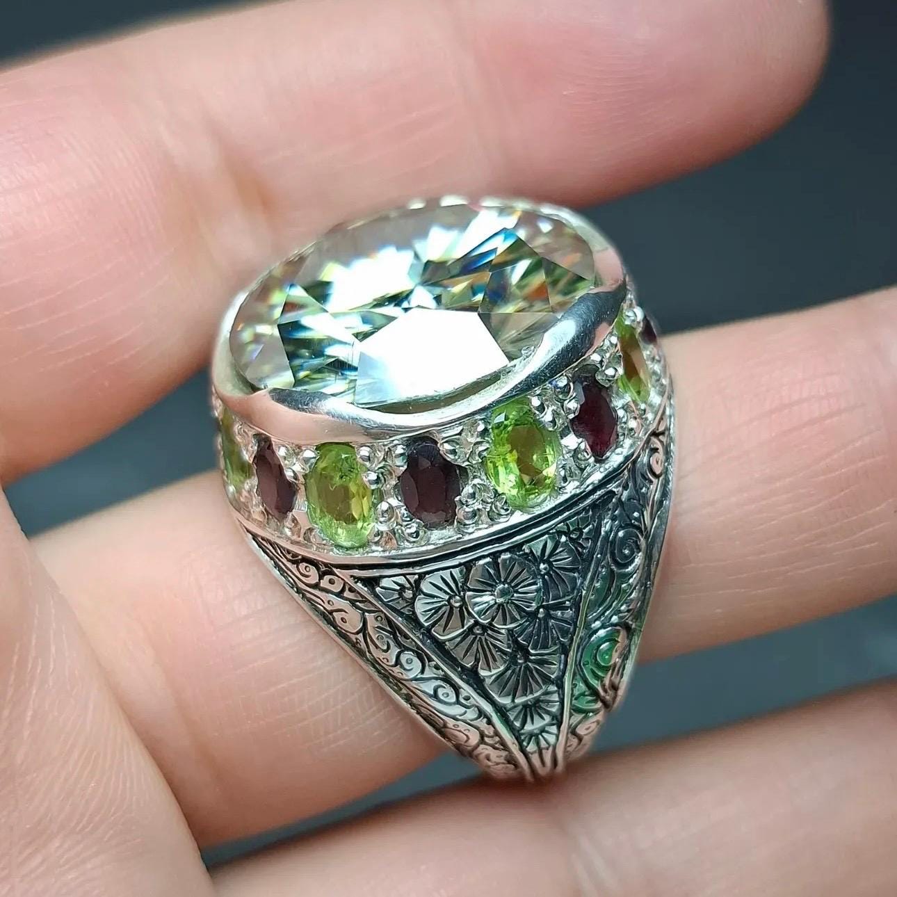 10 Carat Certified Moissanite Diamond Sterling Silver 925 Ring, Man Made Diamond Engagement Ring, Natural Peridot & Ruby