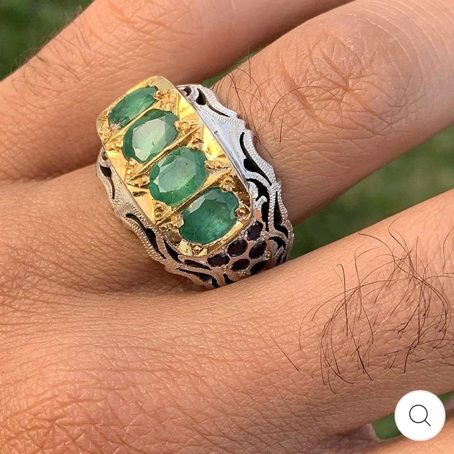 Handcrafted 4 Carats Mens Emerald Ring, Natural Emerald 925 Sterling Silver Ring, Zamurd Ring For Men