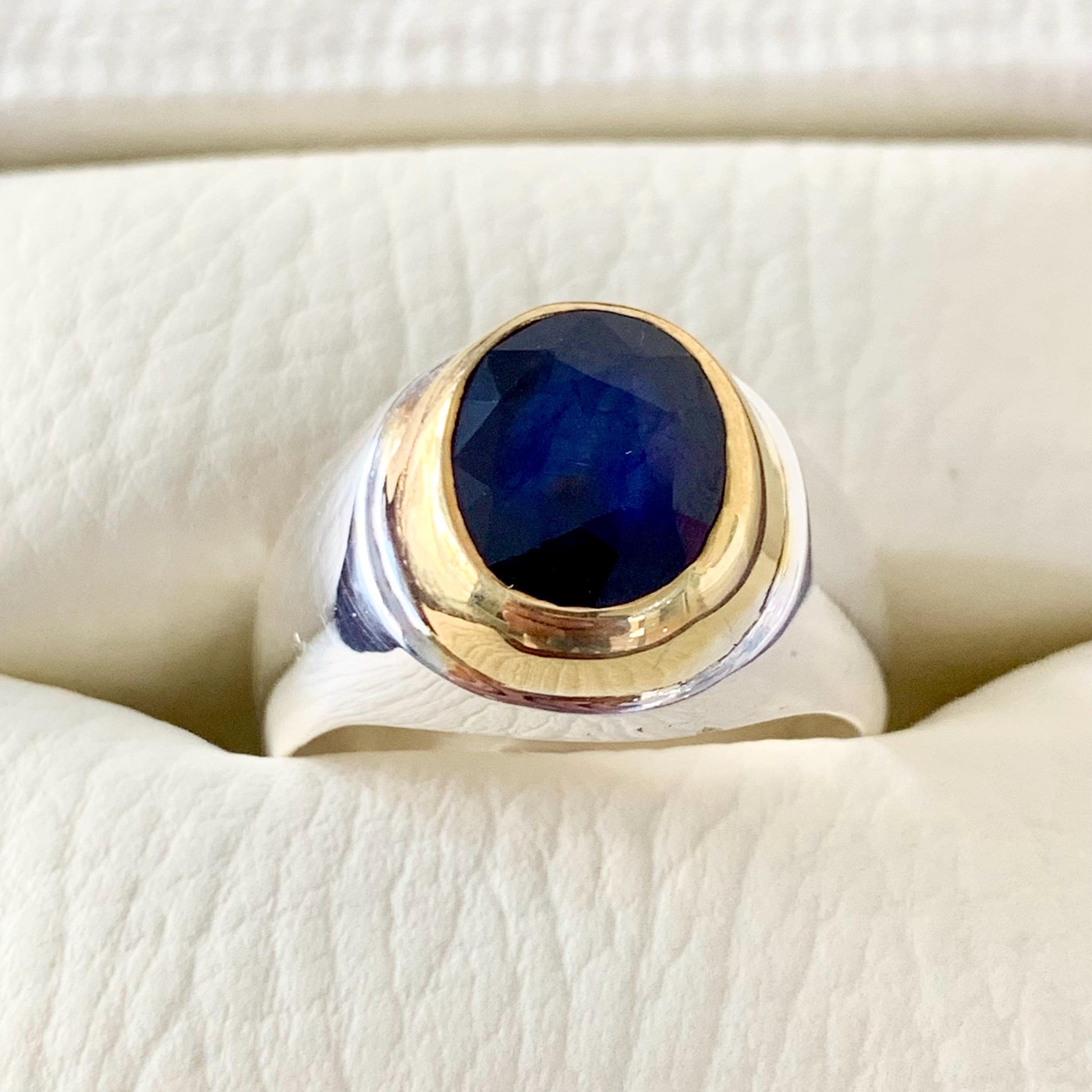 Handcrafted Mens Sapphire Ring, Blue Sapphire Gold Plated Natural Sapphire 925 Sterling Silver Ring, Neelam Ring