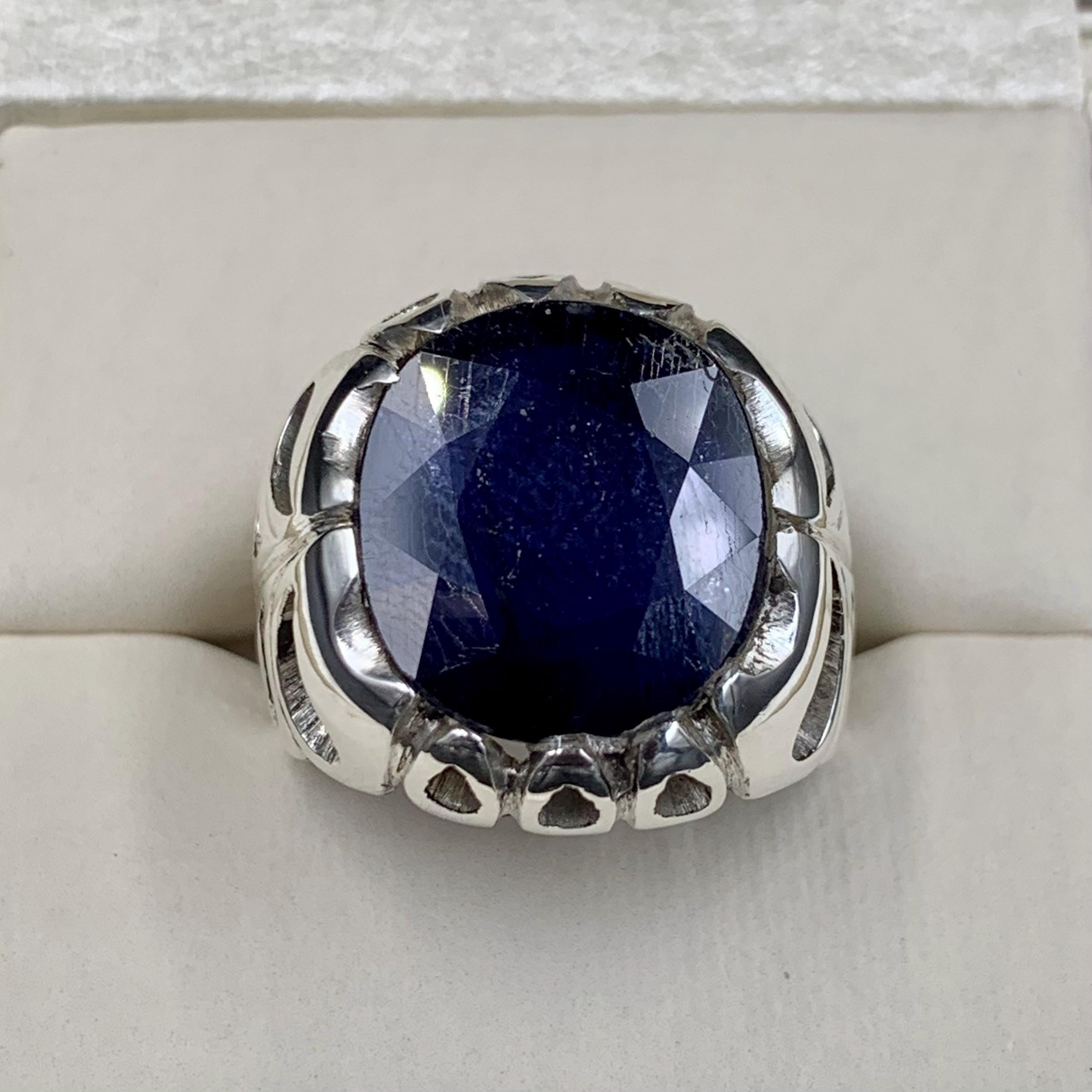 Handcrafted 15 Carats Blue Sapphire Ring, Mens Sapphire Ring, Natural Sapphire 925 Sterling Silver Ring, Neelam Ring