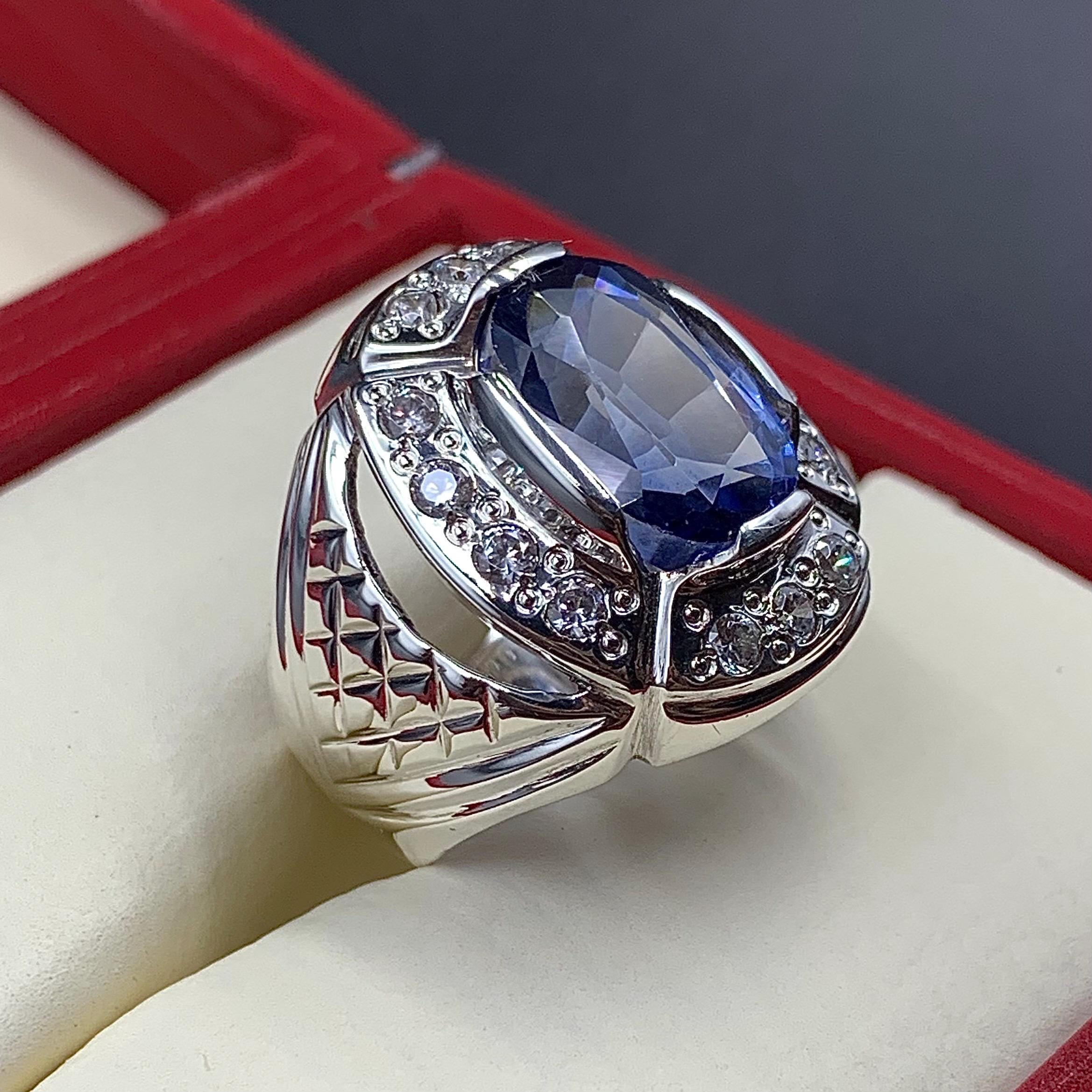 Handcrafted Mens Sapphire Ring, Blue Sapphire Ring, Sapphire 925 Sterling Silver Ring, Neelam Ring