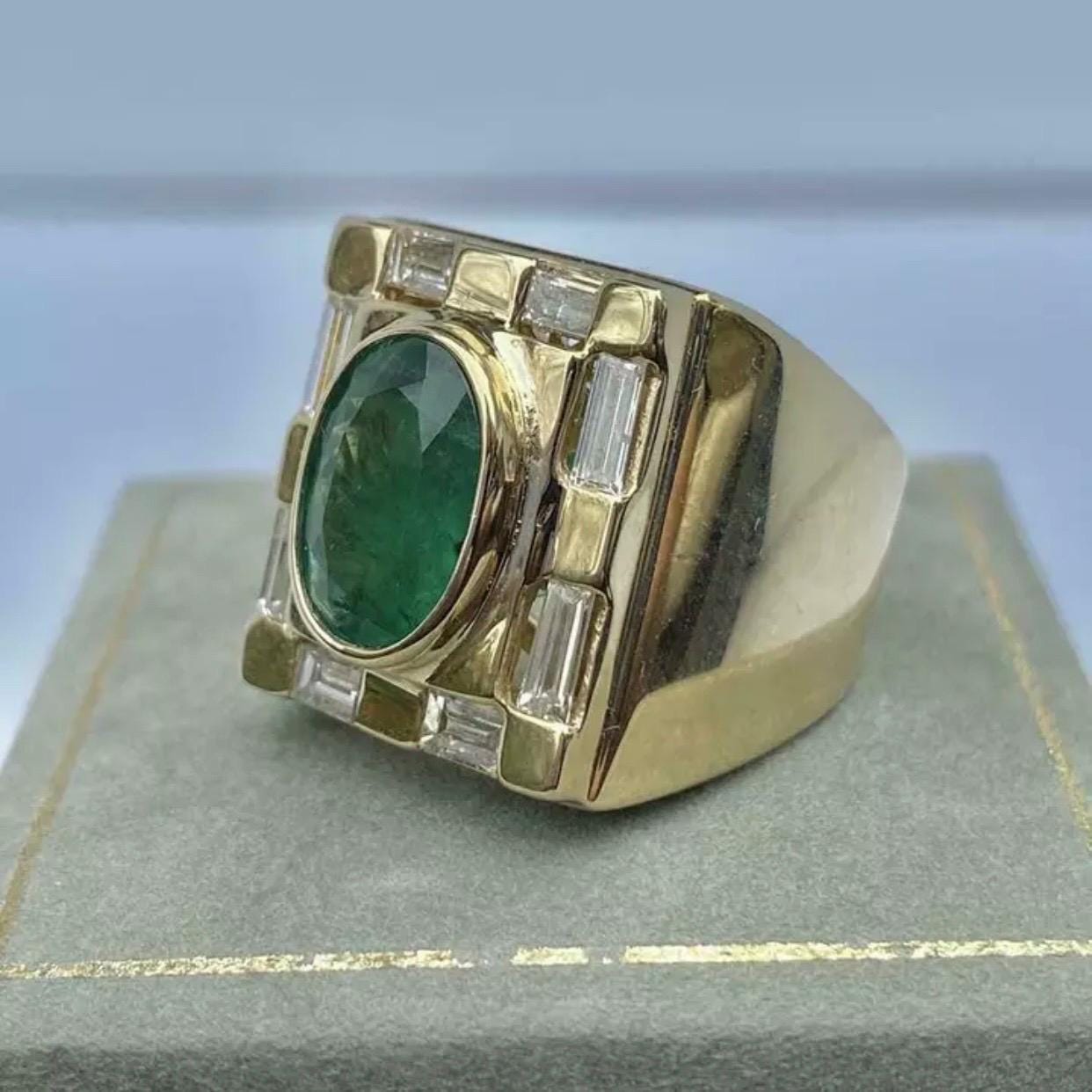 Handcrafted 14k Gold Mens Emerald Ring, Emerald Engagement Ring, Solid Gold Ring For Men