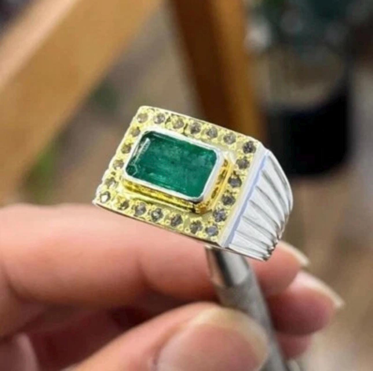 Handcrafted Emerald Ring, Natural Emerald 925 Sterling Silver Ring, Zamurd Ring For Men