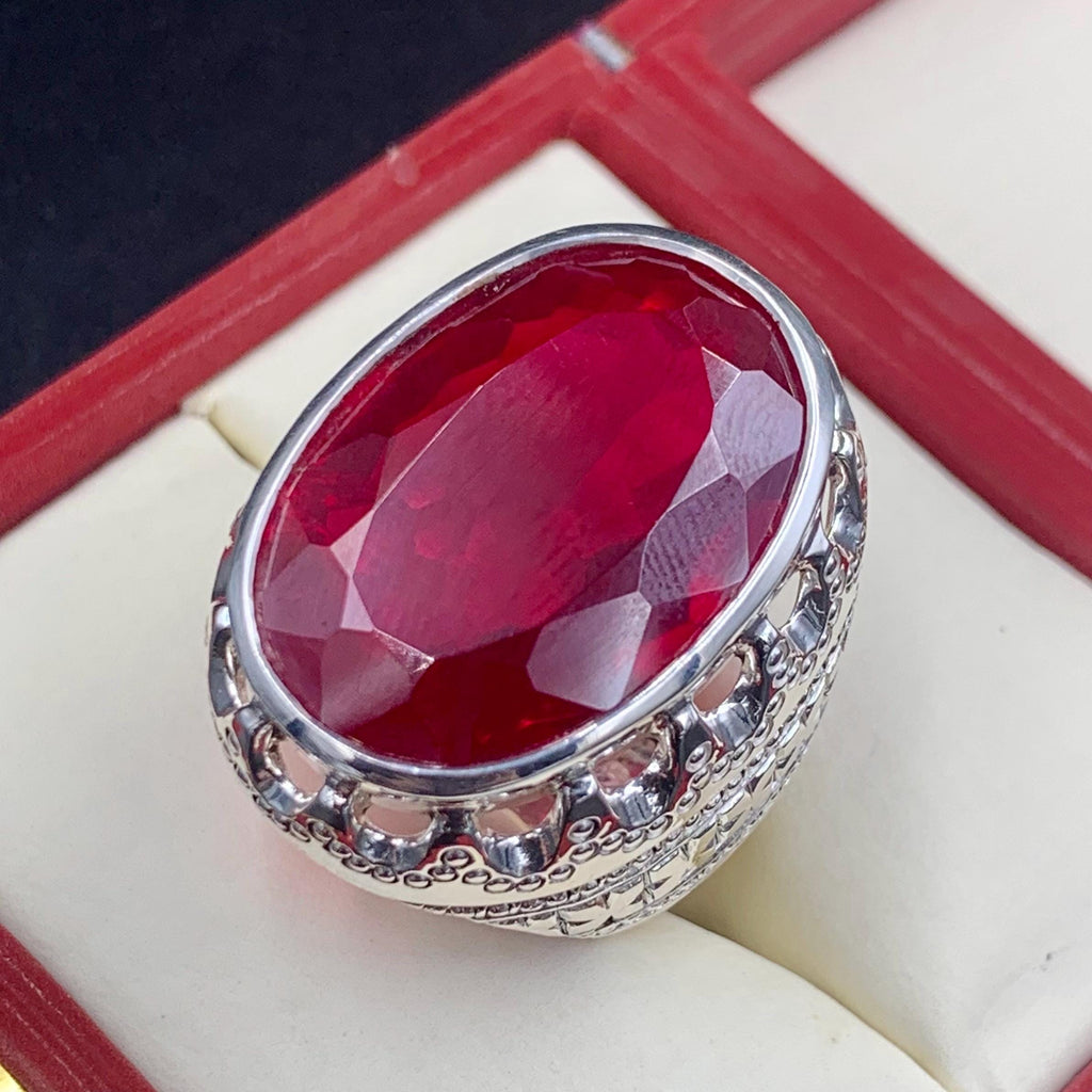 Handcrafted 40 Carats Deep Red Ruby Mens Ring Sterling Silver 925 Anari Yaqoot Ring Ruby Gemstone Ring