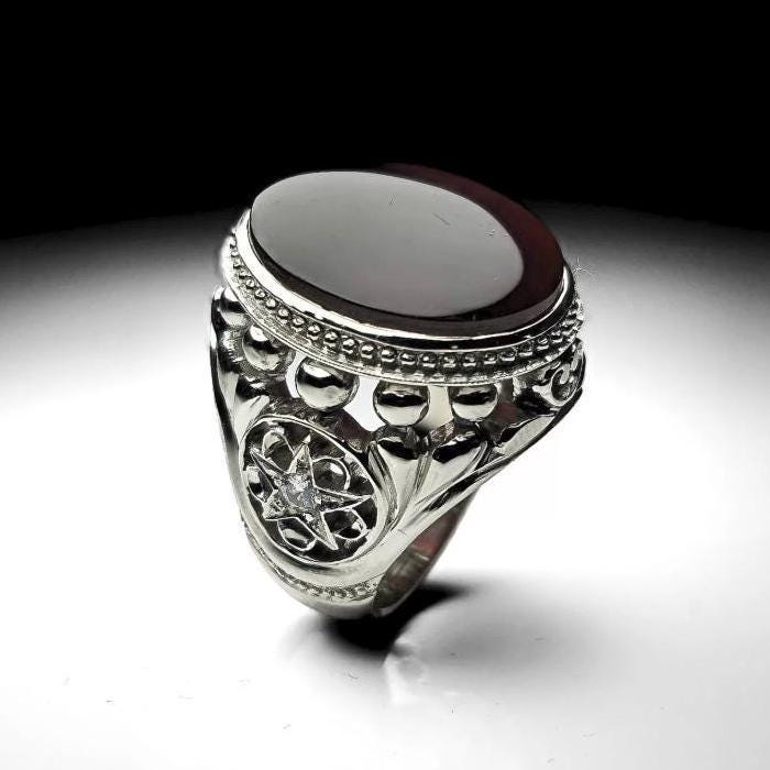 Handcrafted Deep Brown Yemeni Aqeeq Ring For Men, Natural Agate Rings, 925 Sterling Silver Aqeeq Ring Shia Rings