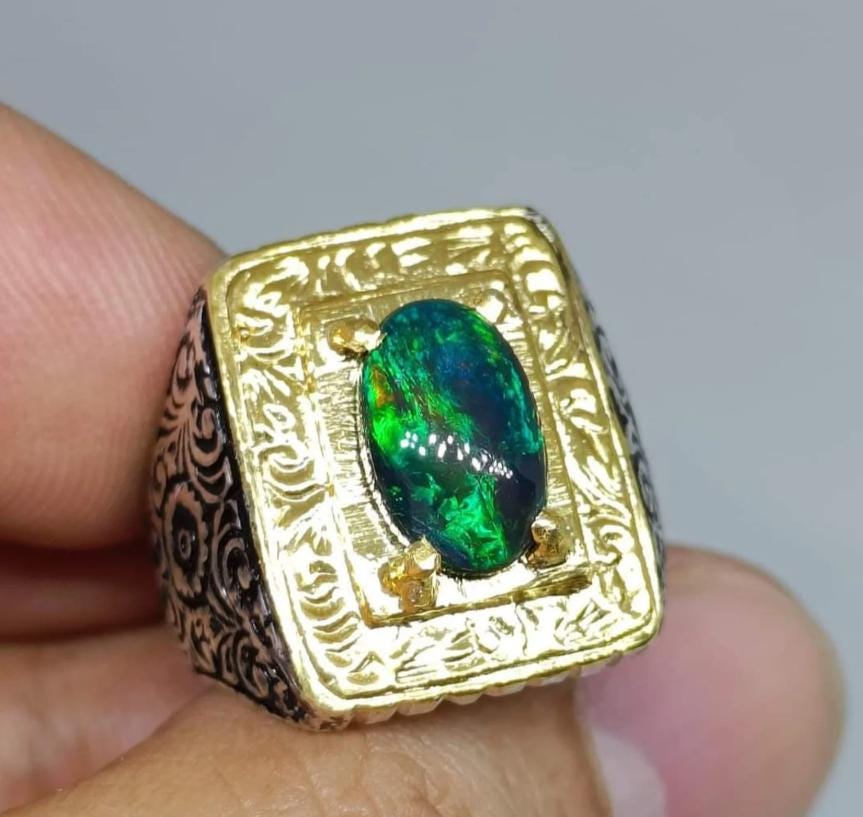 Handcrafted 18k Gold Plated Natural Ethiopian Fire Black Opal Stone Sterling Silver Ring AAA Quality Opal Ring