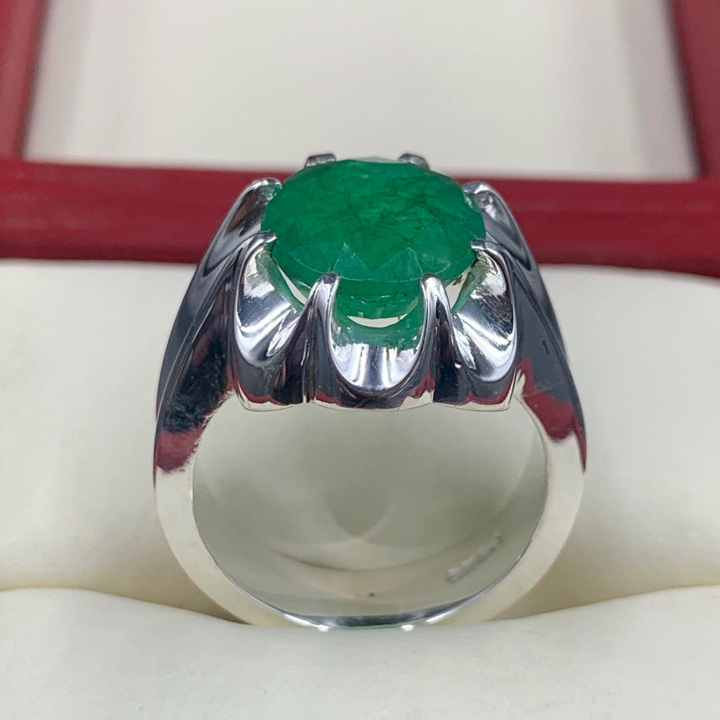 Handcrafted 12 Carats Mens Emerald Ring, Natural Beryl 925 Sterling Silver Ring, Zamurd Ring For Men