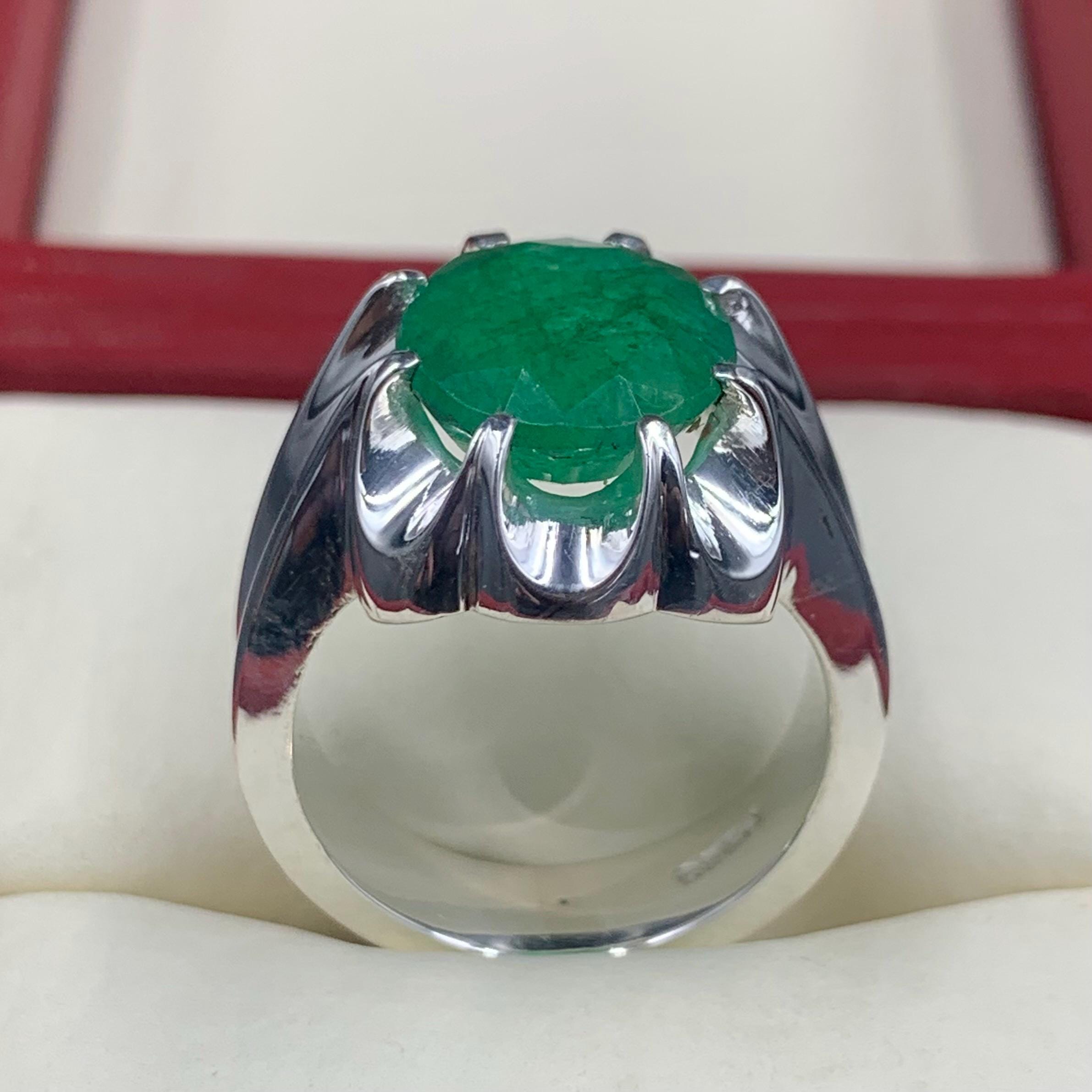 Handcrafted 12 Carats Mens Emerald Ring, Natural Beryl 925 Sterling Silver Ring, Zamurd Ring For Men
