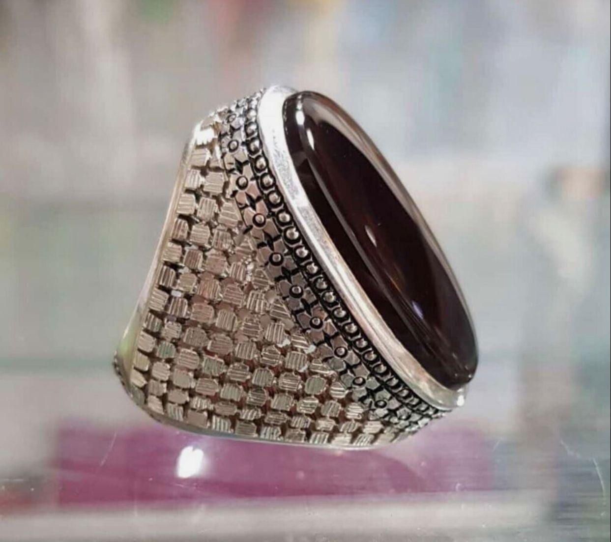 Handcrafted Big Yemeni Aqeeq Ring For Men, Natural Agate Rings, 925 Sterling Silver Aqeeq Ring Shia Rings