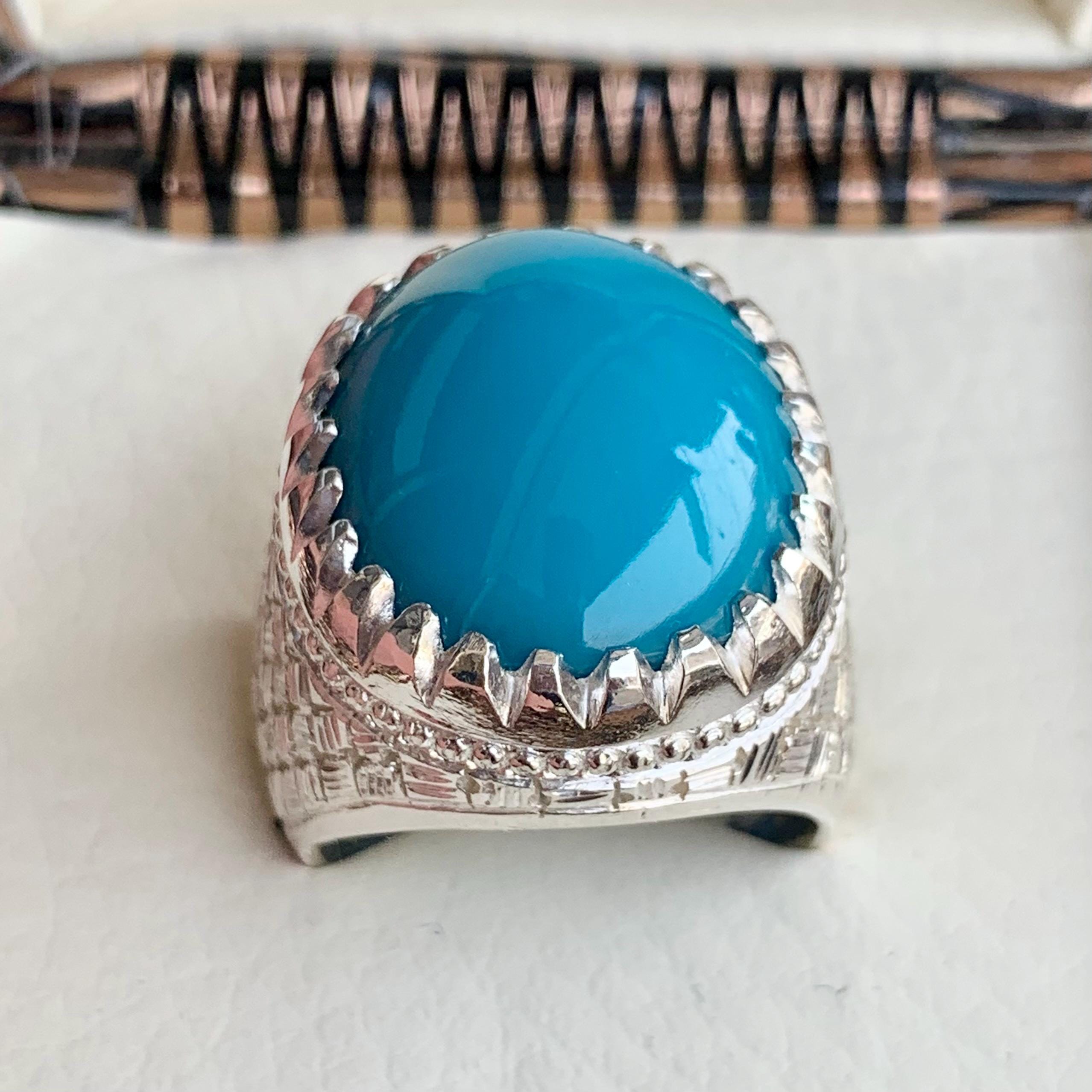 Handcrafted Big Turquoise Ring, 925 Sterling Silver For Men, Natural Feroza Ring, Shia Ring