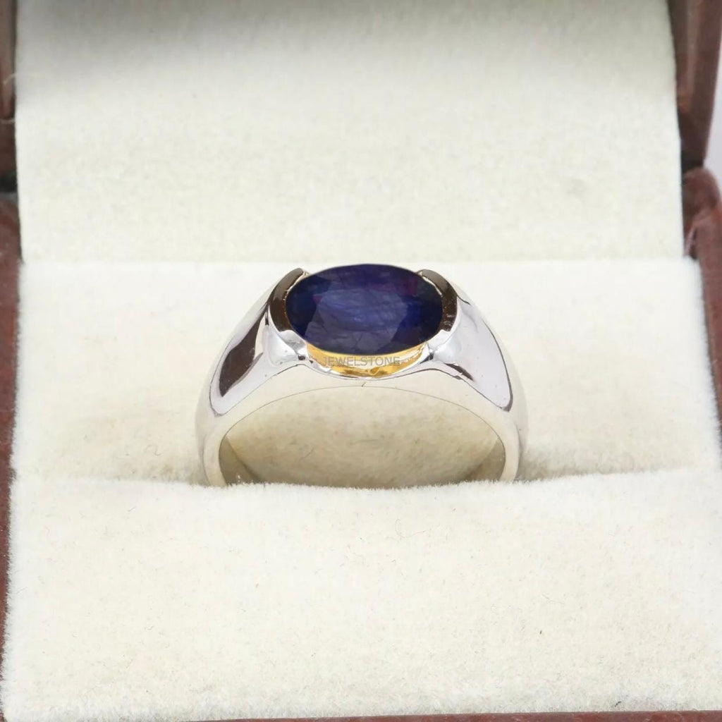 Handcrafted Blue Sapphire Ring For Men & Women, Gold Plated  Natural Sapphire 925 Sterling Silver Ring, Neelam Ring