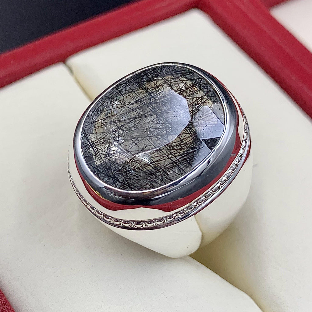 Handcrafted Big Black Rutilated Quartz 925 Sterling Silver Ring, Natural MuheNajaf Ring For Men, Shia Ring
