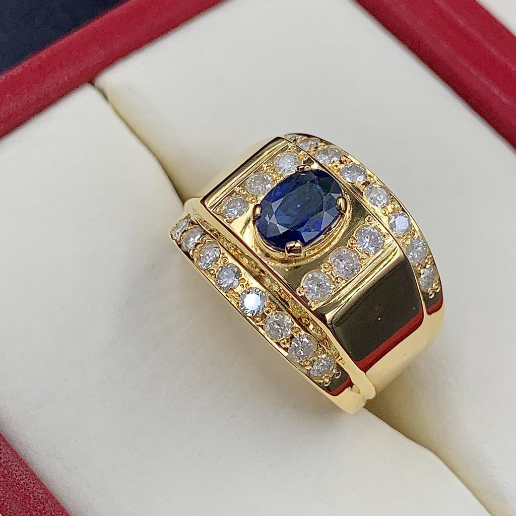 Handcrafted 14k Gold Sapphire Ring, Natural Diamond Engagement Ring, Blue Sapphire Solid Gold Ring, Neelam Ring