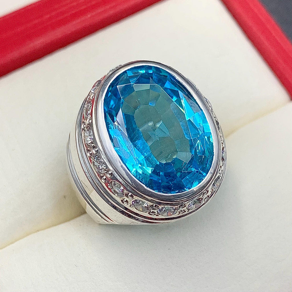 Handcrafted Blue Topaz Ring For Men, 925 Sterling Silver Topaz Stone Ring, Man Made Topaz Ring