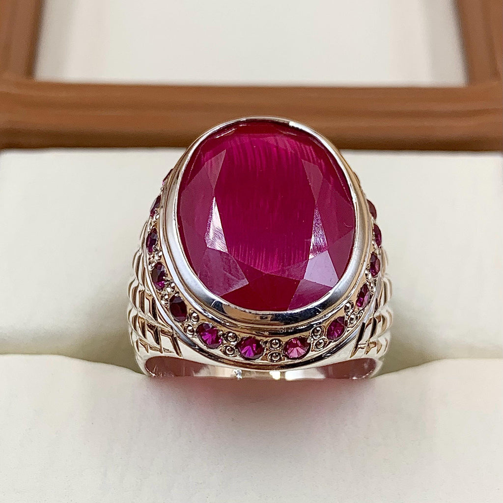 Handcrafted Big Deep Red Ruby Mens Ring Sterling Silver 925 Anari Yaqoot Ring Roby Gemstone Ring