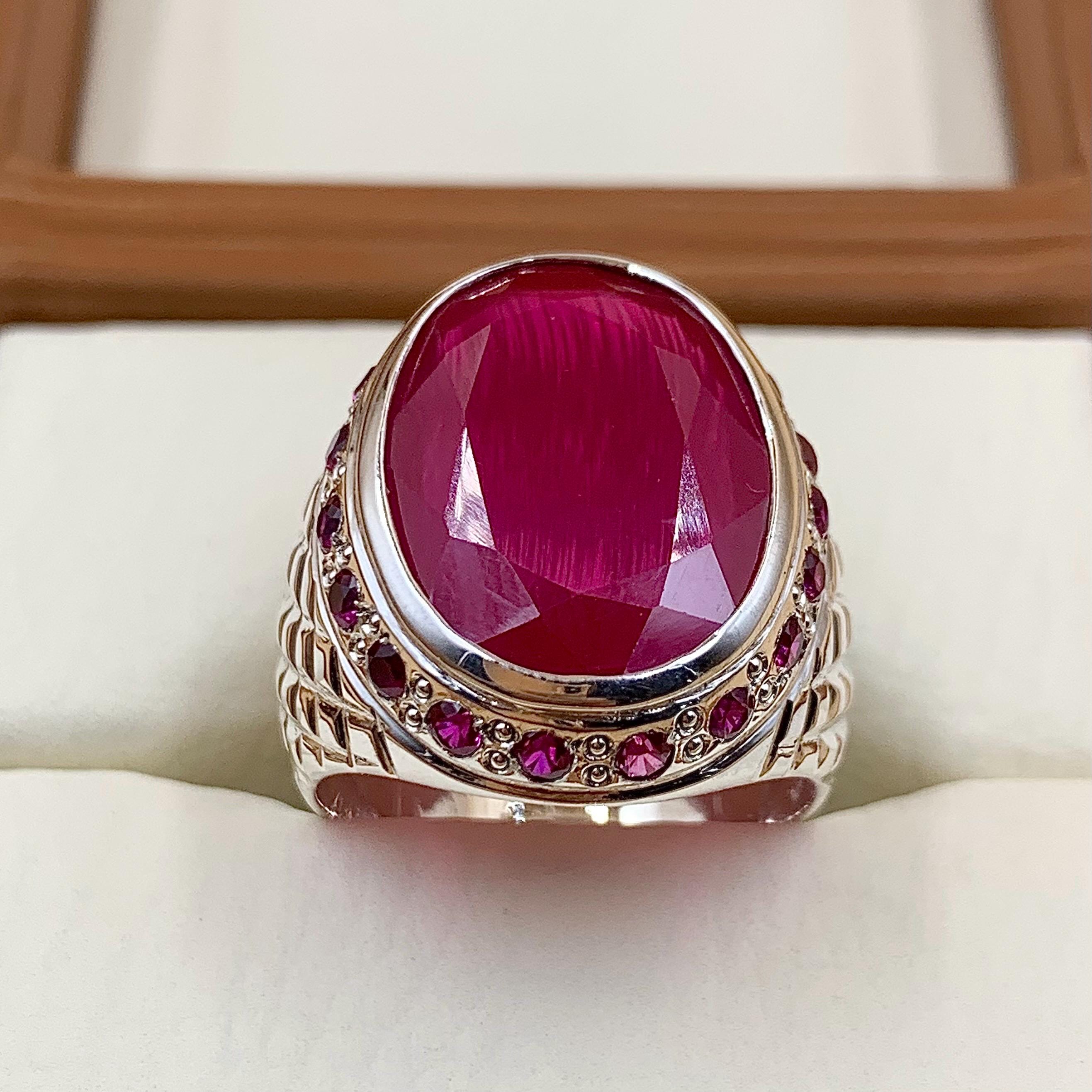 Handcrafted Big Deep Red Ruby Mens Ring Sterling Silver 925 Anari Yaqoot Ring Roby Gemstone Ring