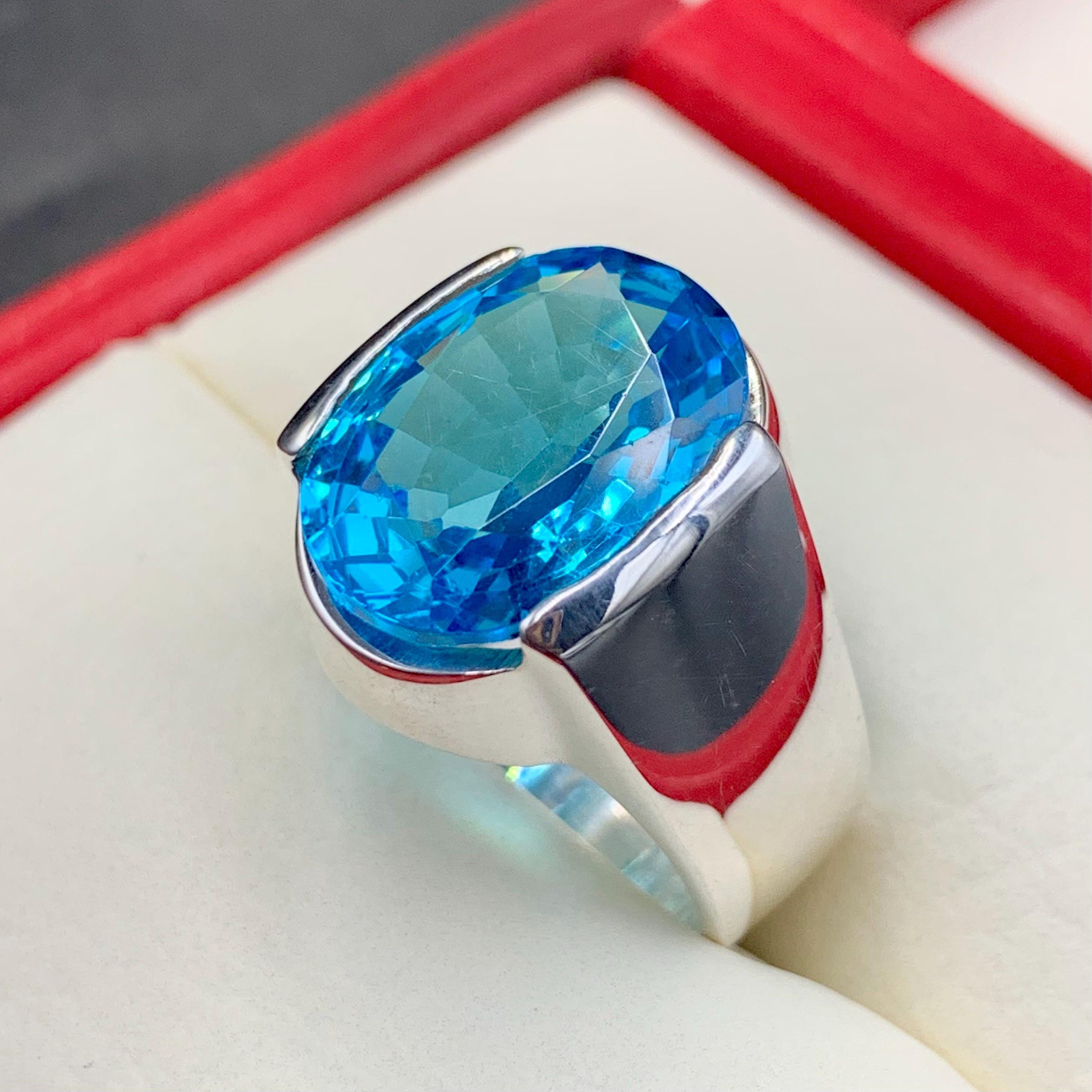 Handcrafted Blue Topaz Ring For Men, 925 Sterling Silver Topaz Stone Ring, Man Made Topaz Ring