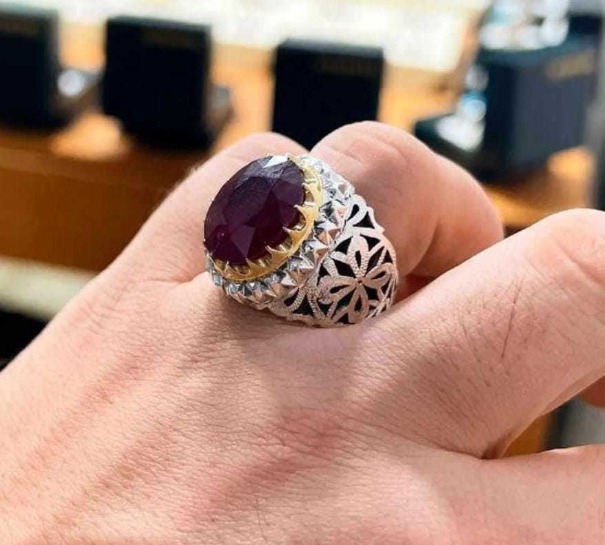 Handcrafted 12 Carats Real Ruby Ring, Natural Ruby Gold Plated Sterling Silver 925 Yaqoot Ring Roby Gemstone Ring