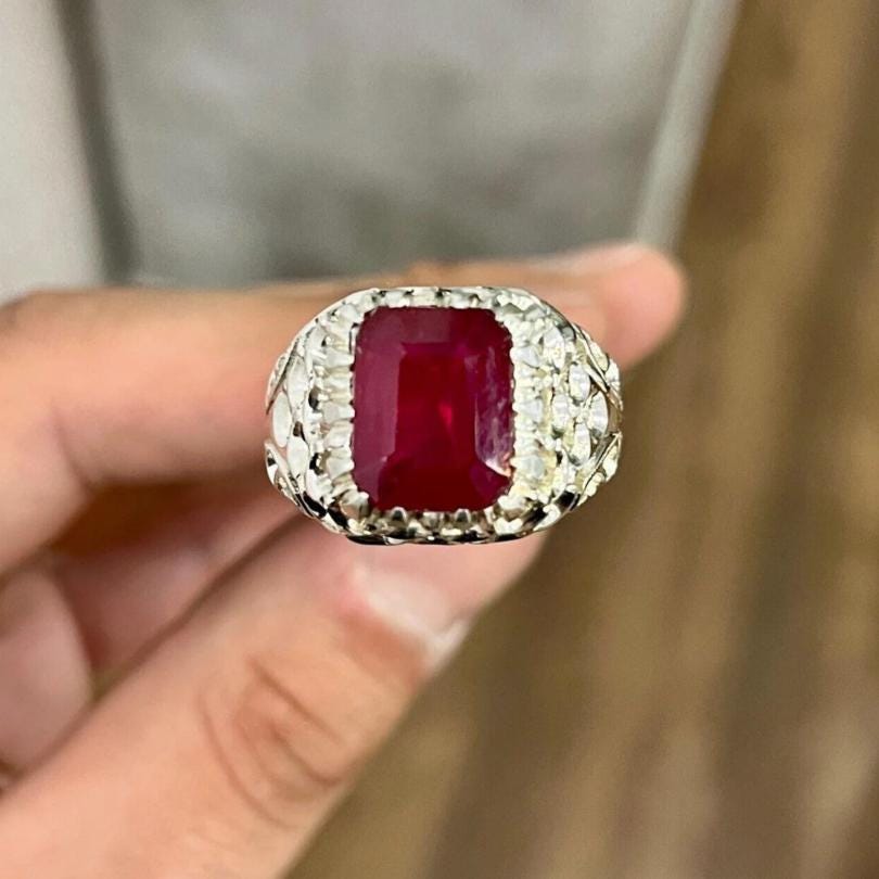 Handcrafted Emerald Cut Ruby Ring, Natural Ruby Sterling Silver 925 Yaqoot Ring Roby Gemstone Ring