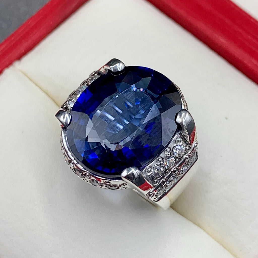 Handcrafted Big Blue Sapphire Ring, Mens Sapphire Ring, Sapphire 925 Sterling Silver Ring, Neelam Ring