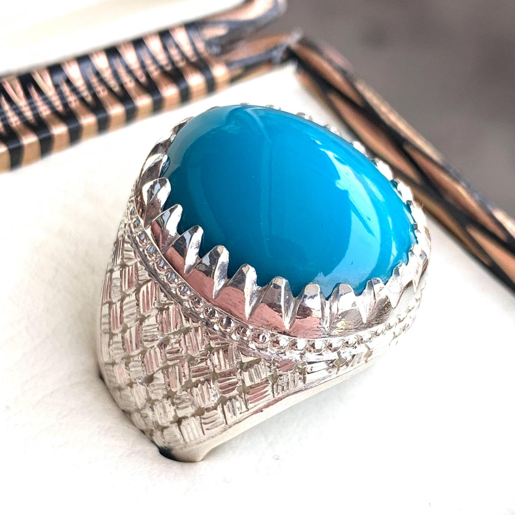 Handcrafted Big Turquoise Ring, 925 Sterling Silver For Men, Natural Feroza Ring, Shia Ring
