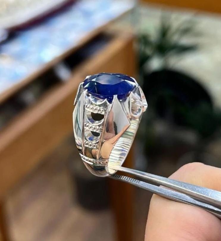 Handcrafted Big Blue Sapphire Ring, Mens Sapphire Ring, Natural Sapphire 925 Sterling Silver Ring, Neelam Ring