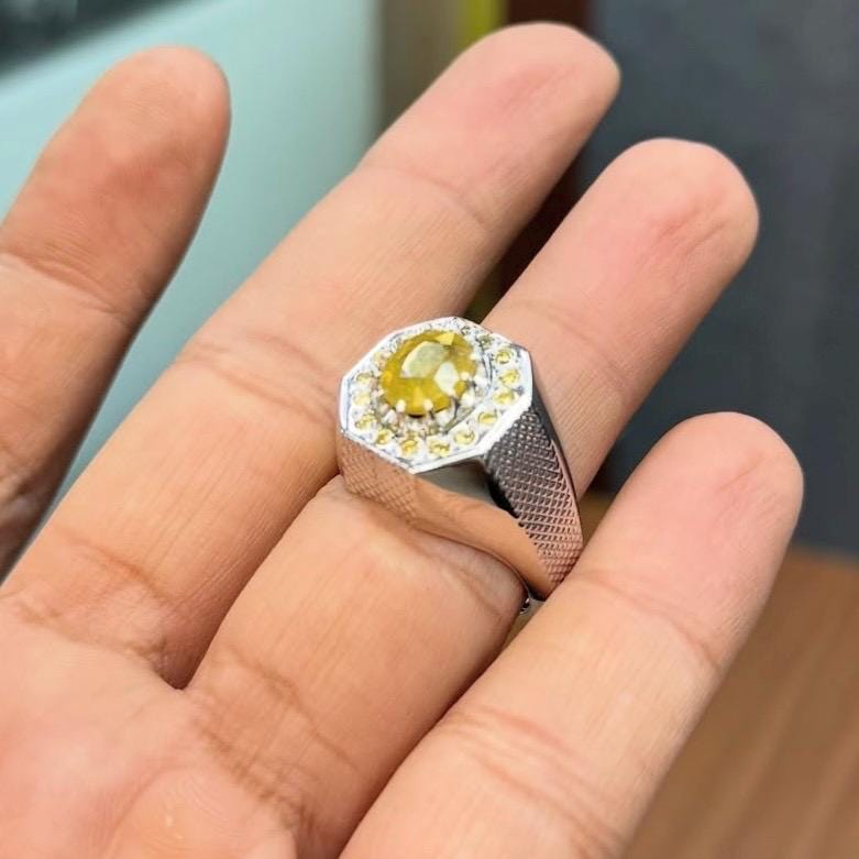 Handcrafted Mens Sapphire Ring, Yellow Sapphire Ring, Natural Sapphire 925 Sterling Silver Ring, Pukhraj Ring