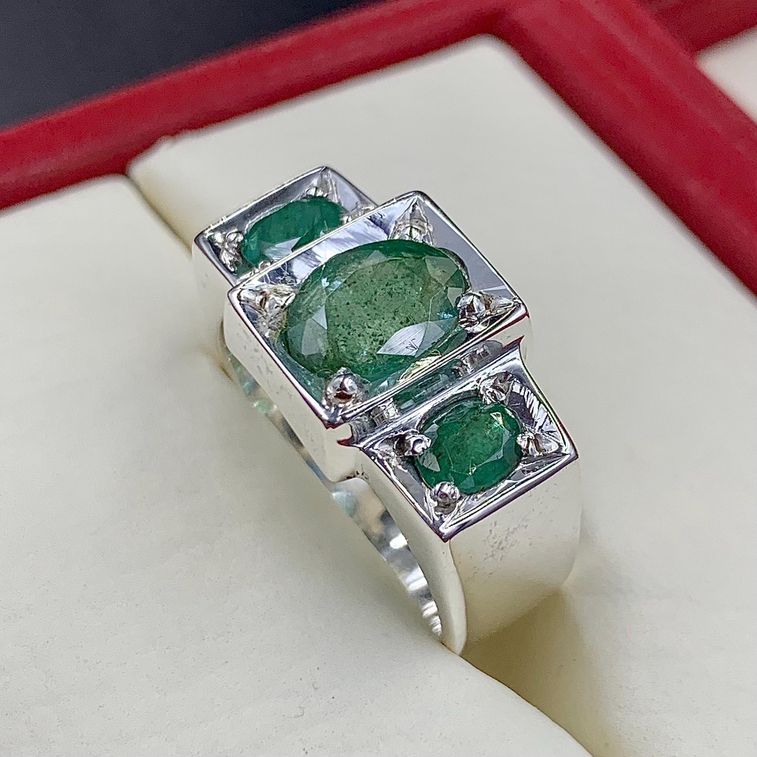 Handcrafted 3+ Carats Mens Emerald Ring, Natural Emerald 925 Sterling Silver Ring, Zamurd Ring For Men