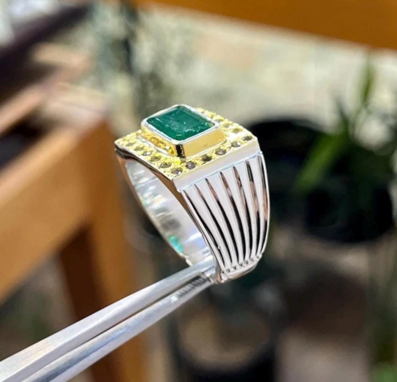 Handcrafted Emerald Ring, Natural Emerald 925 Sterling Silver Ring, Zamurd Ring For Men